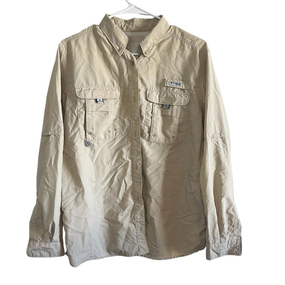 Columbia PFG Long Sleeve Button Down Shirt Hiking Trail Fishing Tan Men L - Picture 1 of 7